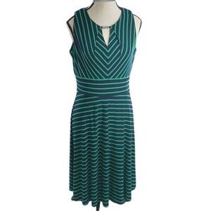 Liz Claiborne Womens Size 8 Green Navy Sleeveless Striped Fit Flare Dress